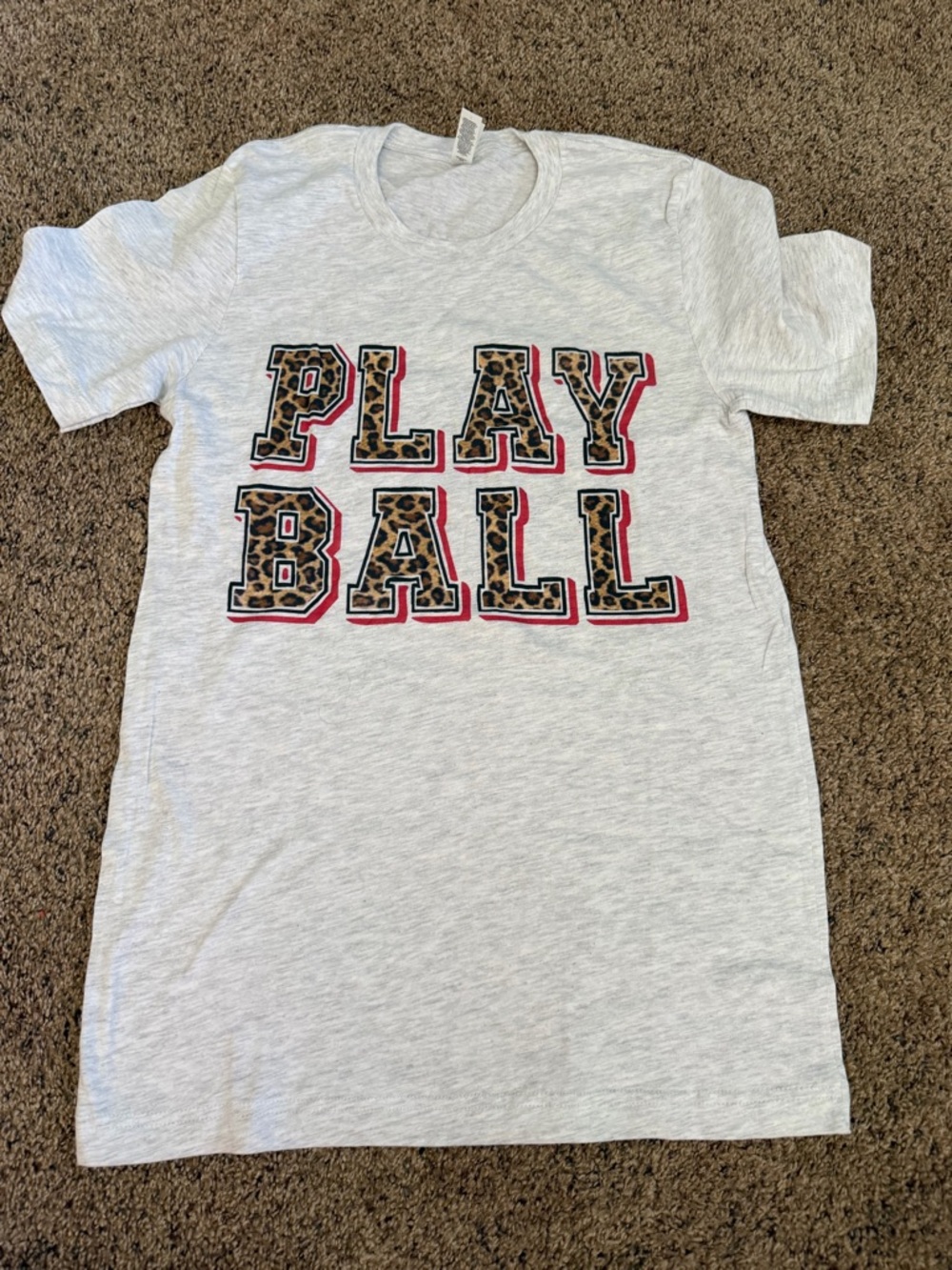 Woman’s "Play Ball" Graphic Tee - Light Gray with Leopard Print